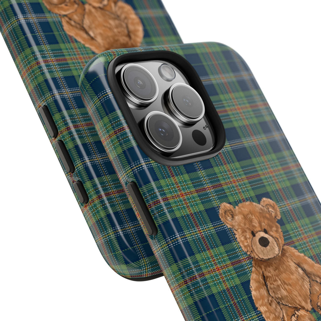 Angled plaid phone case with teddy bear corner detail and camera lens cutouts