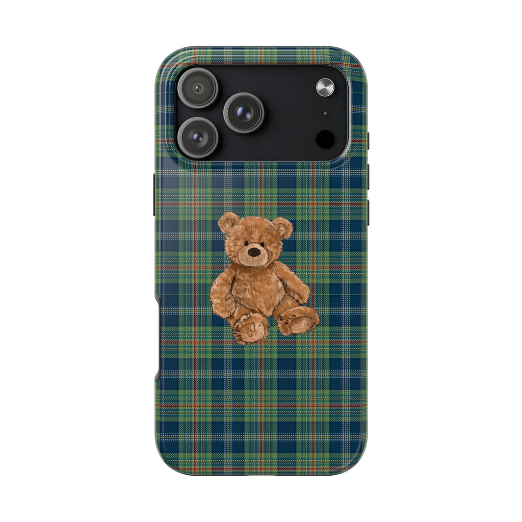 Plaid teddy bear phone case with bear appliqué on green and blue tartan
