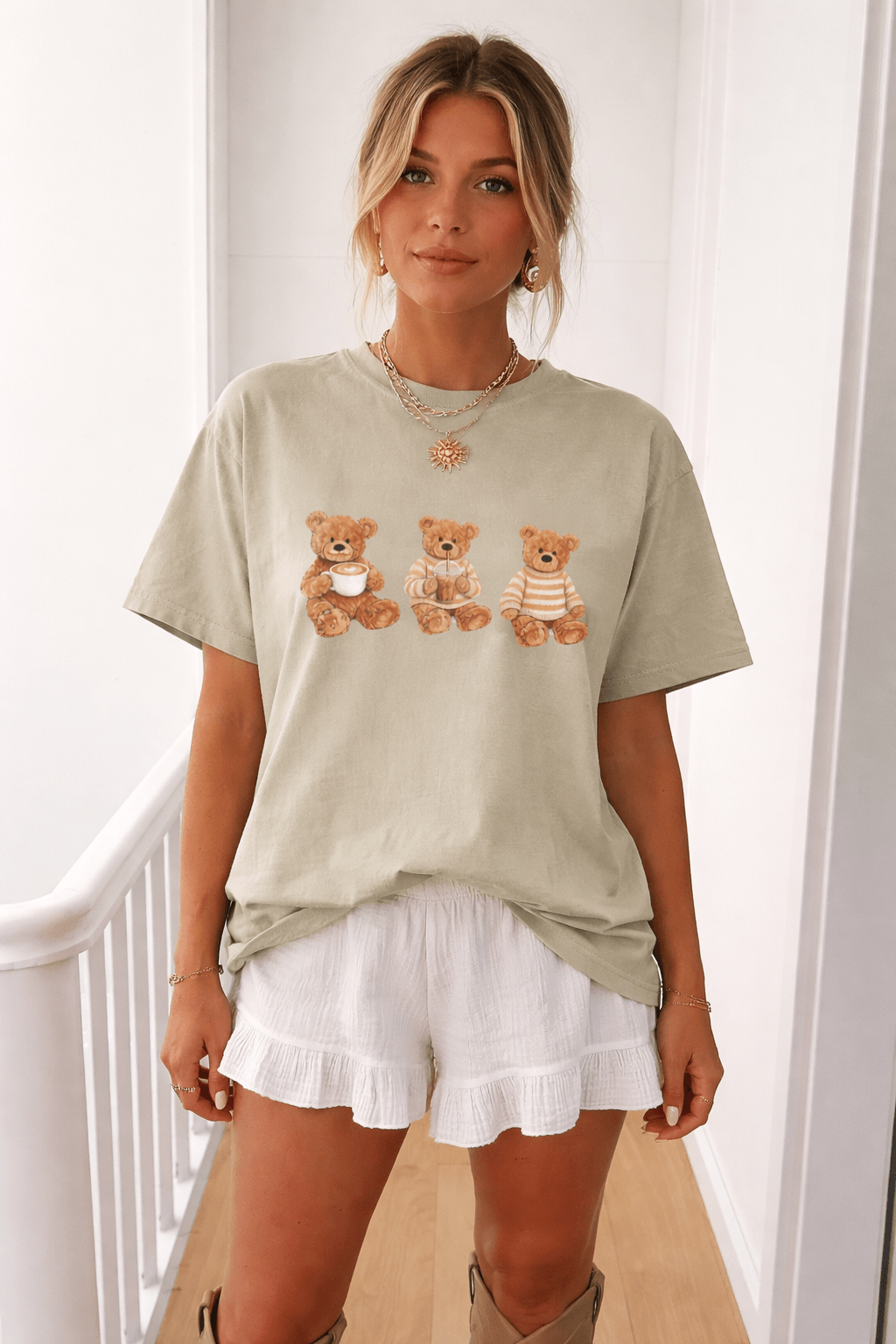 Sage green teddy bear graphic T-shirt, short sleeves and crew neck
