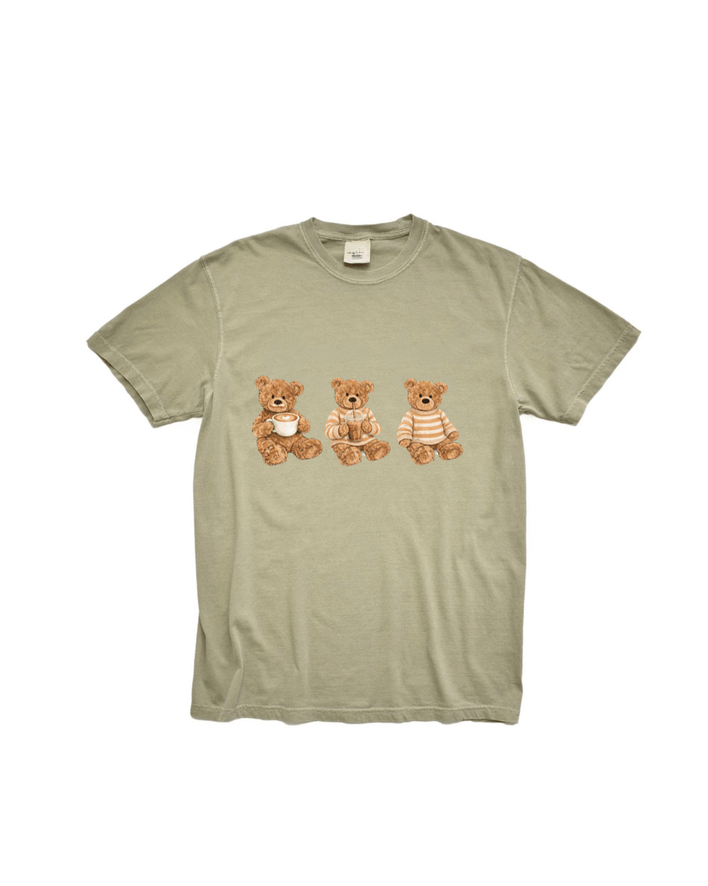 Sage green T-shirt with three teddy bears in costumes print, crew neck