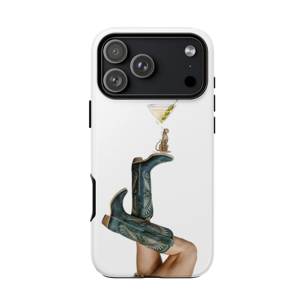White phone case back with green boots, leopard details, and martini glass design