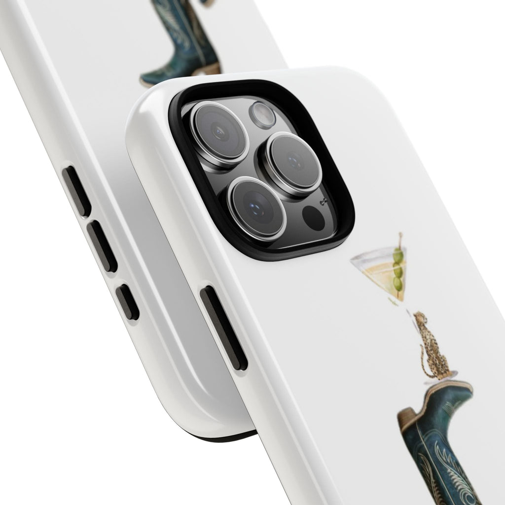 White phone case side with camera cutout; green boots and martini graphic