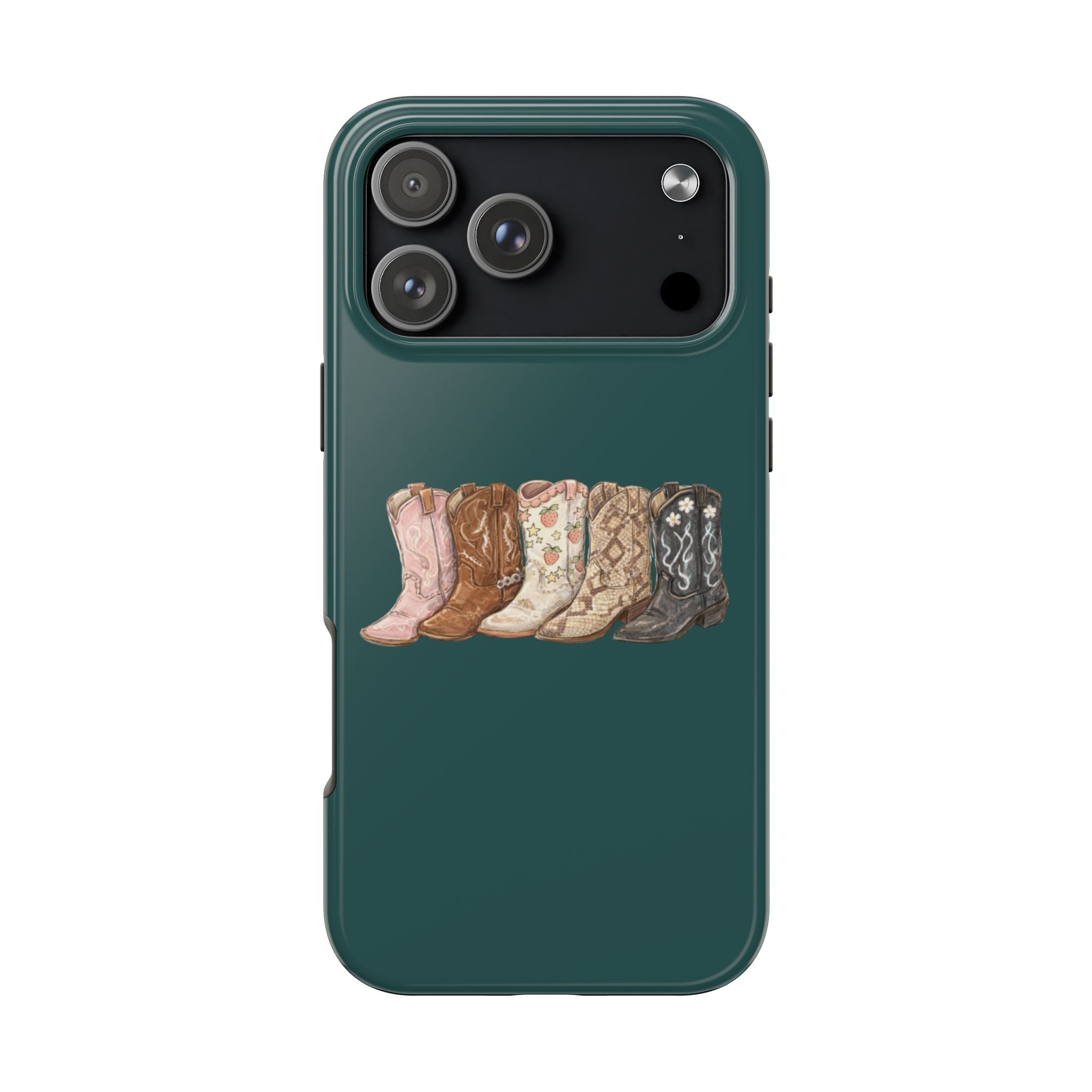 Dark green phone case back with cowgirl boots graphic over camera area
