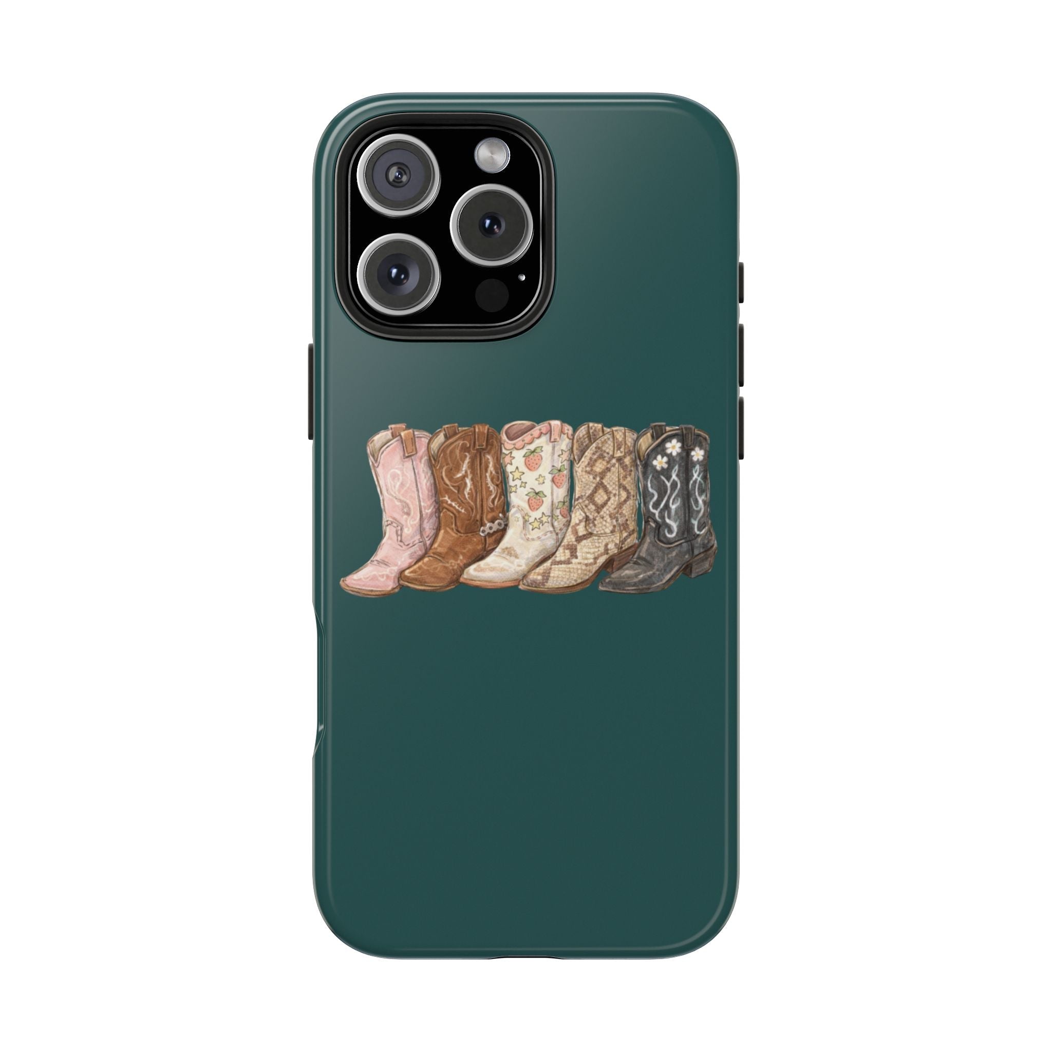 Dark green phone case with row of cowgirl boots graphic across center