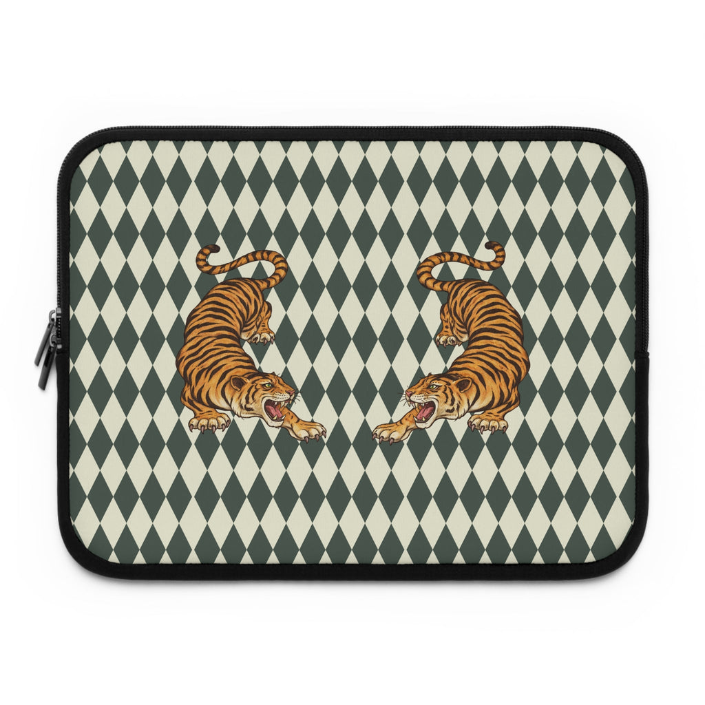 Green diamond checker neoprene sleeve front with mirrored tiger faces and black zipper