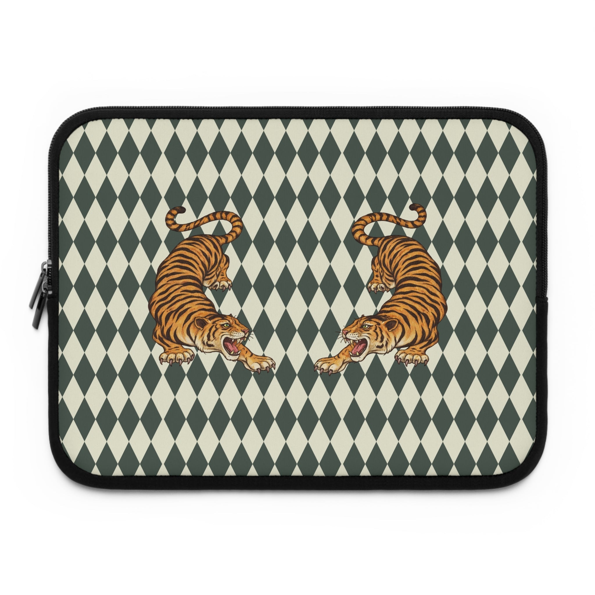 Green diamond checker neoprene sleeve front with mirrored tiger faces and black zipper