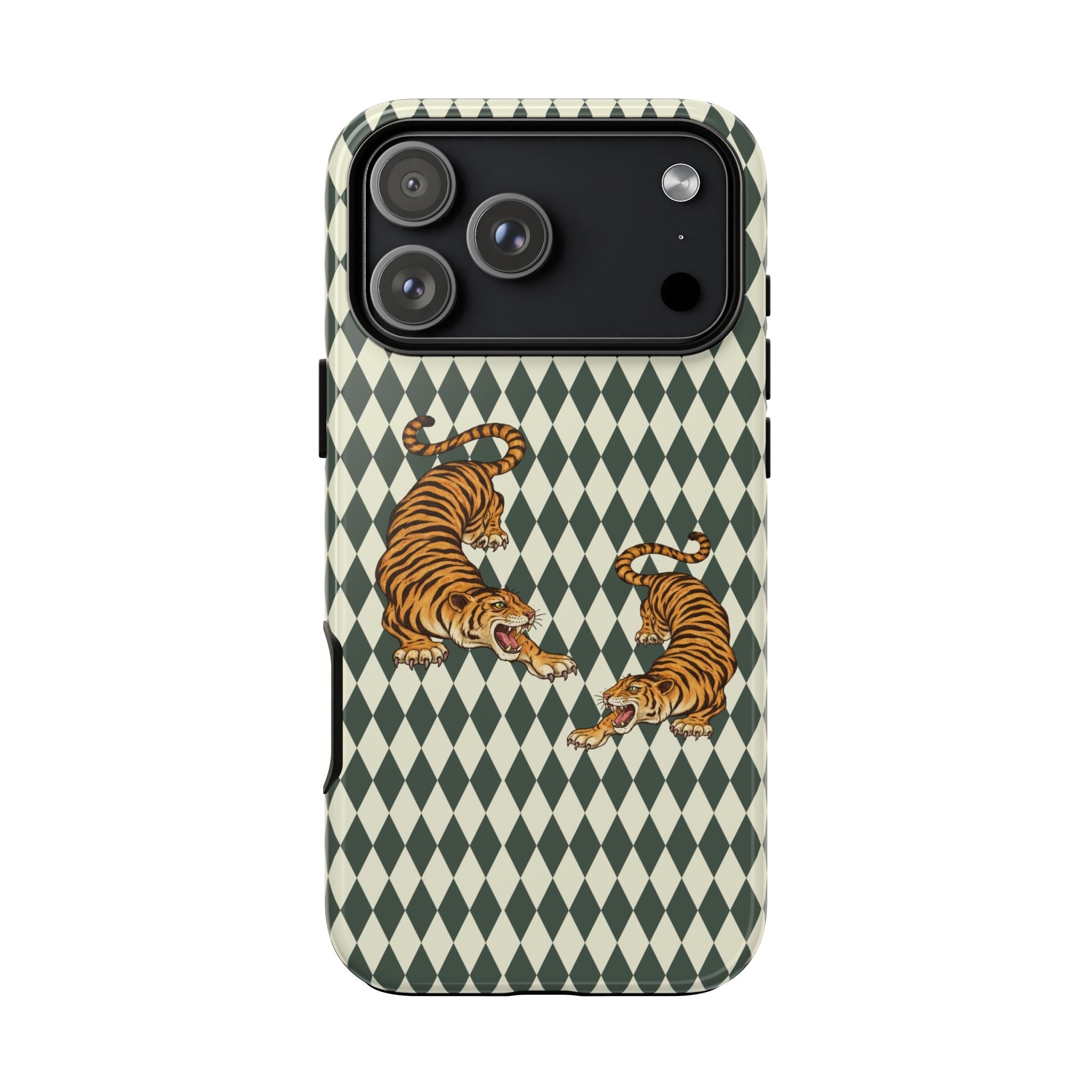 Green and cream diamond-pattern phone case with tiger graphic and camera openings