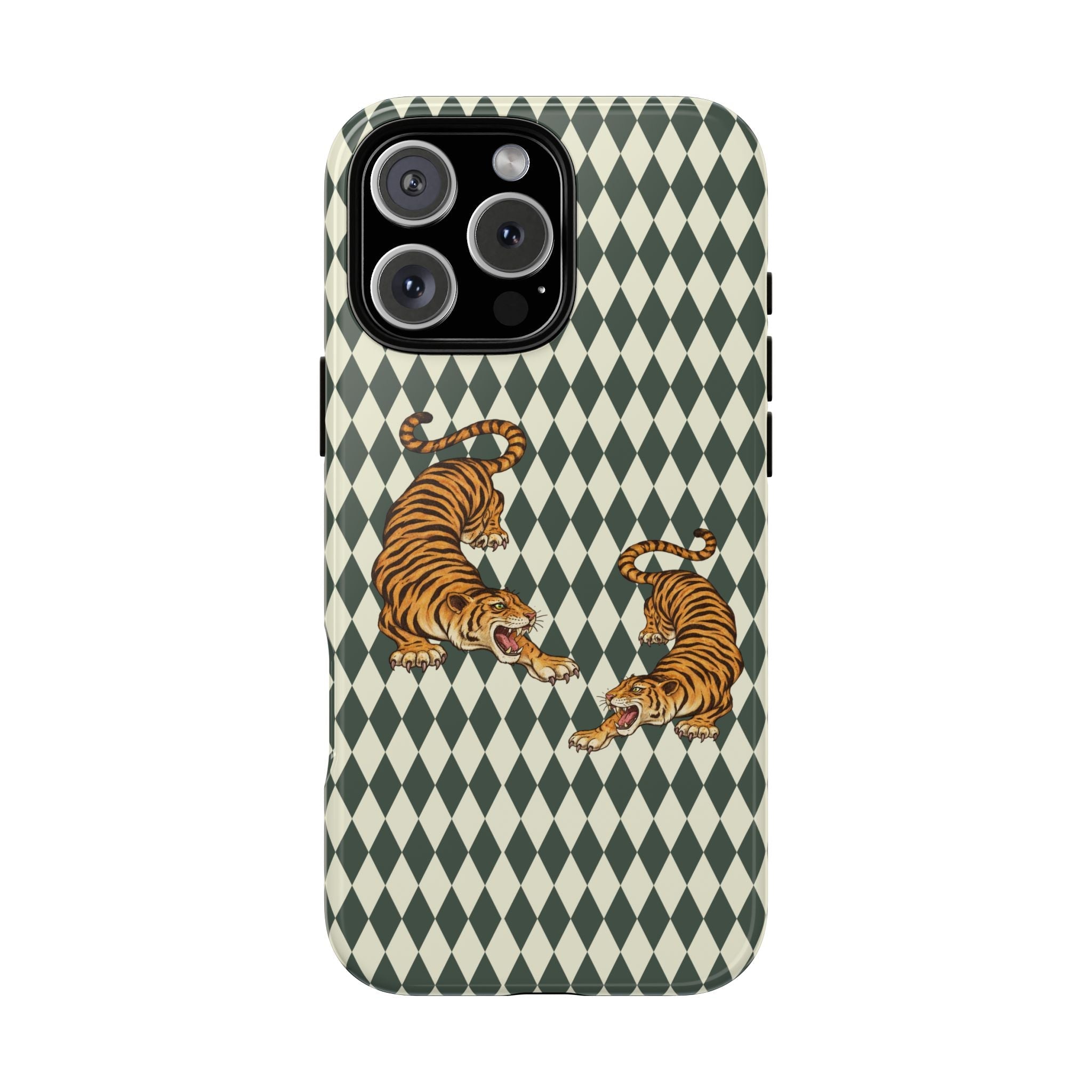 Green and cream diamond-pattern tiger phone case with camera cutouts