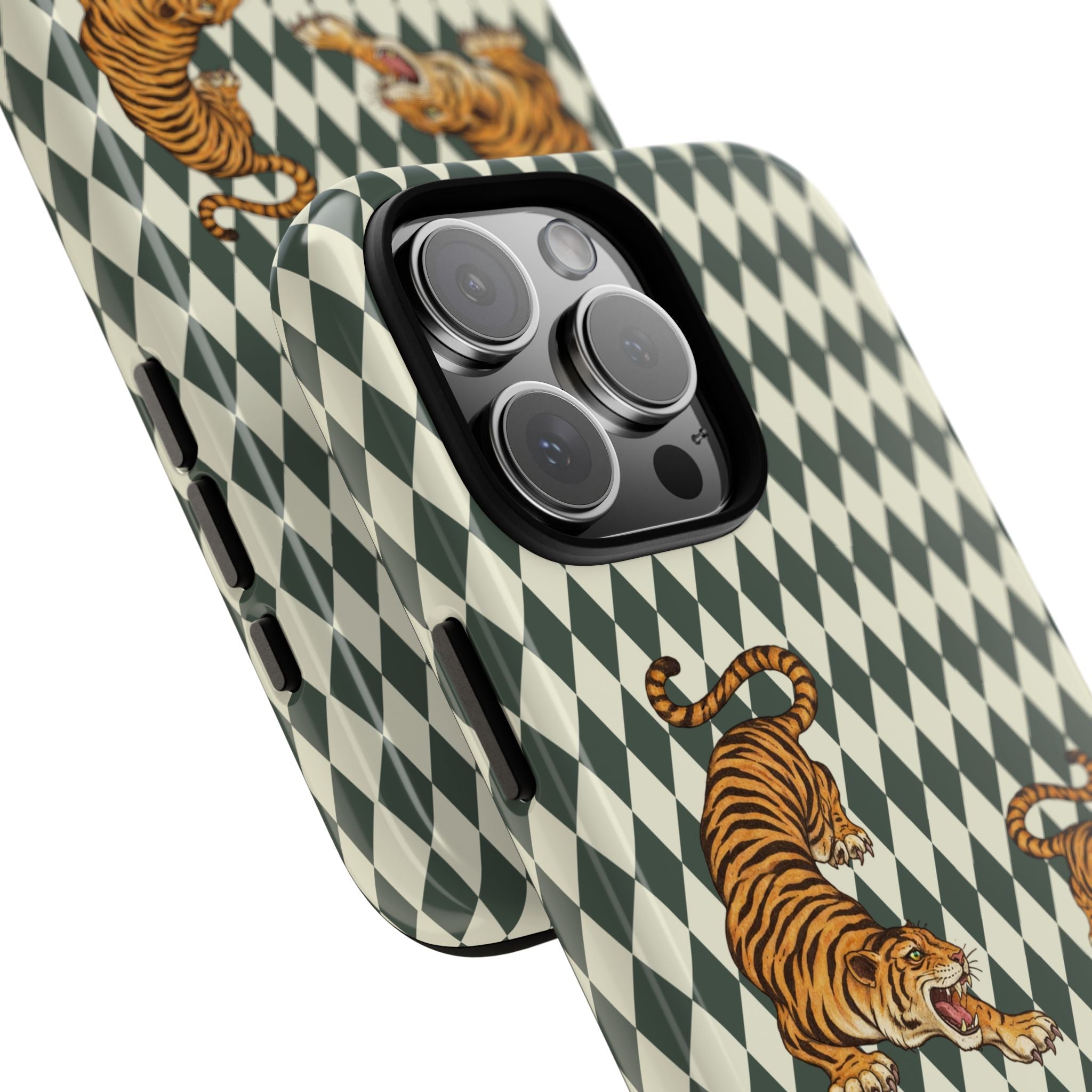 Angled view of green diamond-pattern tiger phone case with raised camera protection