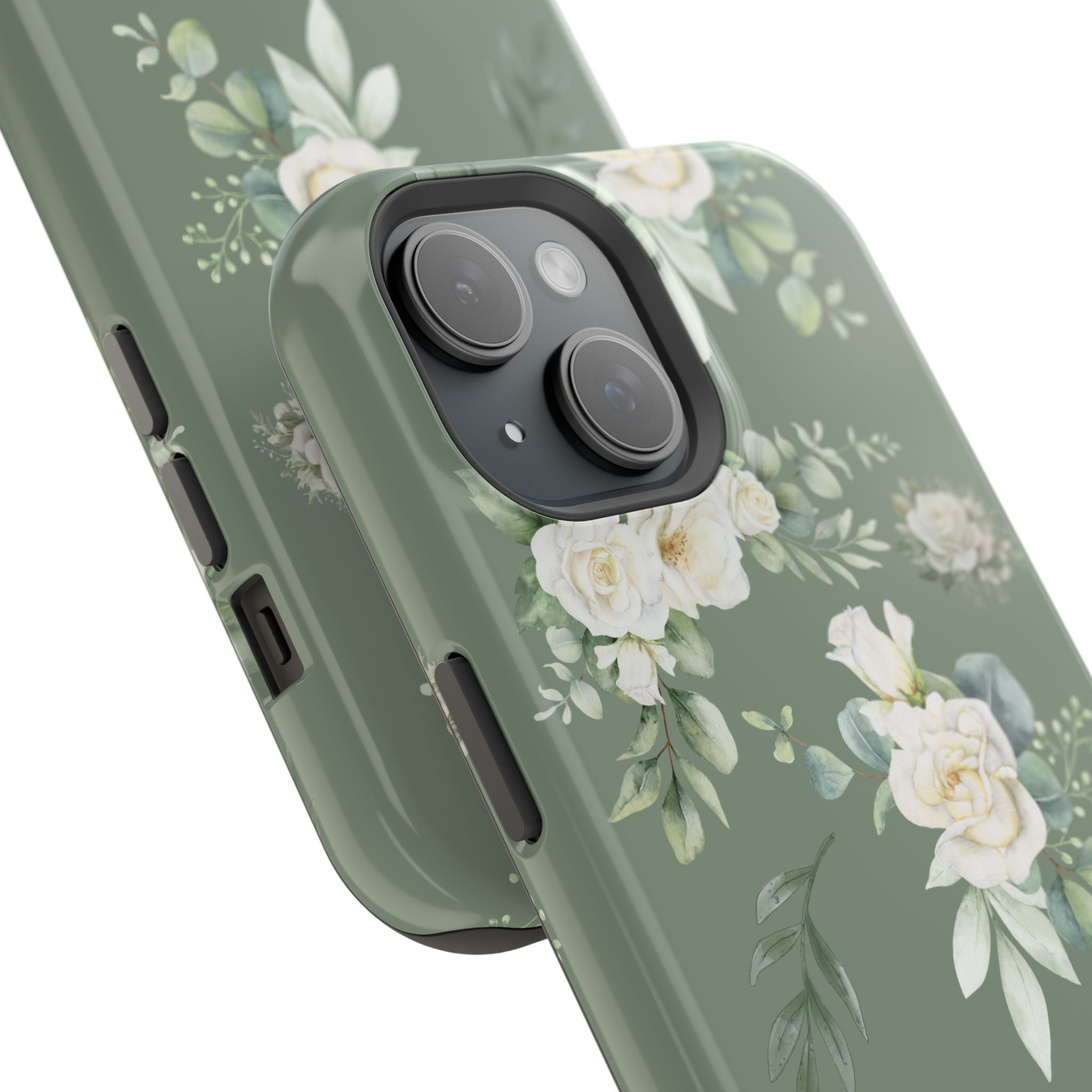Angled green floral phone case with white roses and cutouts for camera and buttons