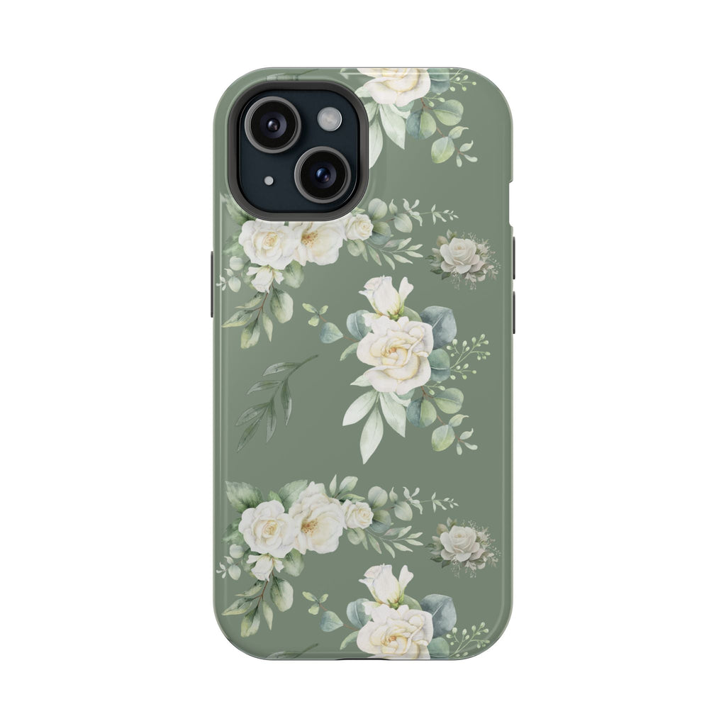 Green phone case with white rose floral pattern, slim fit over camera cutouts