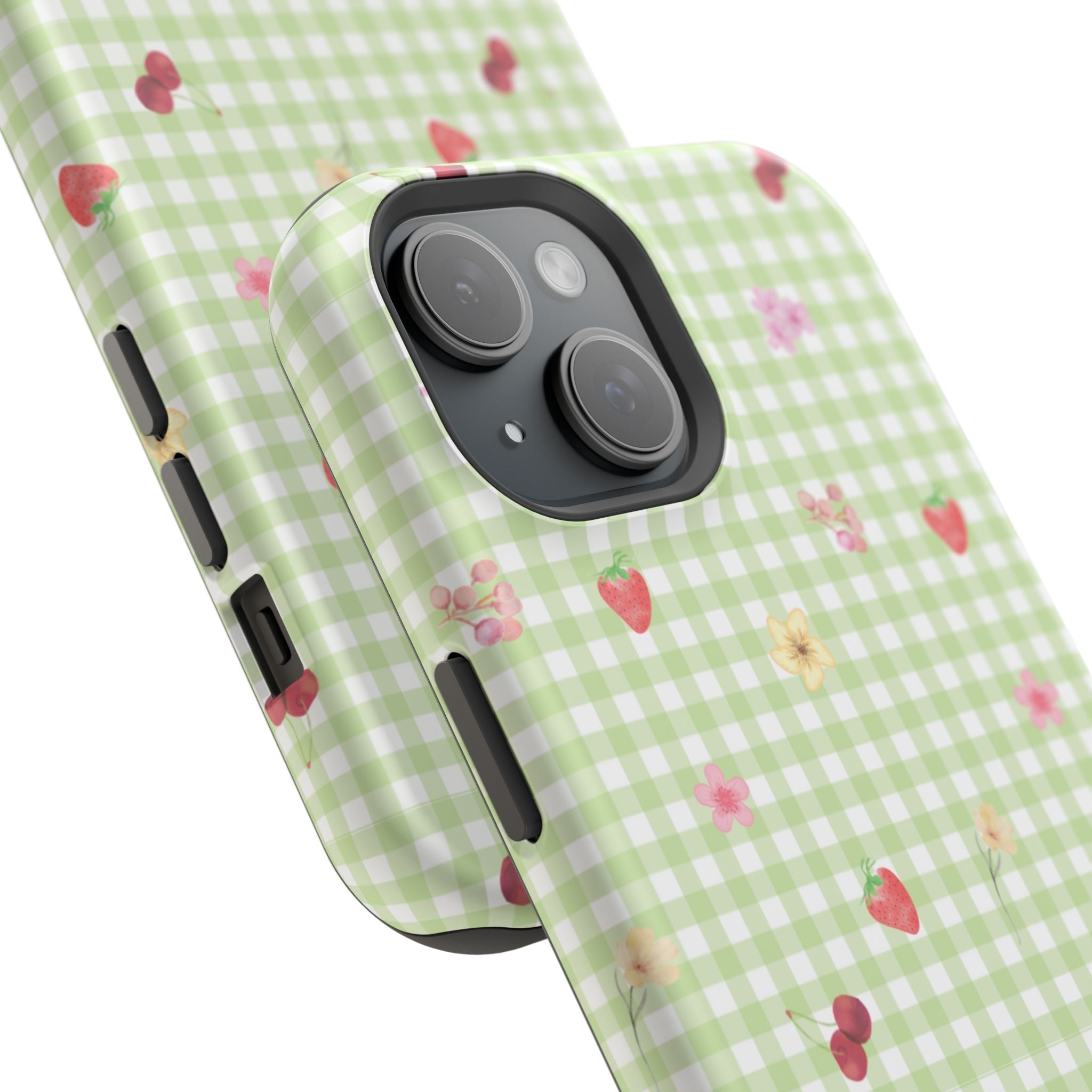 Green gingham phone case, angled view with strawberry and flower pattern