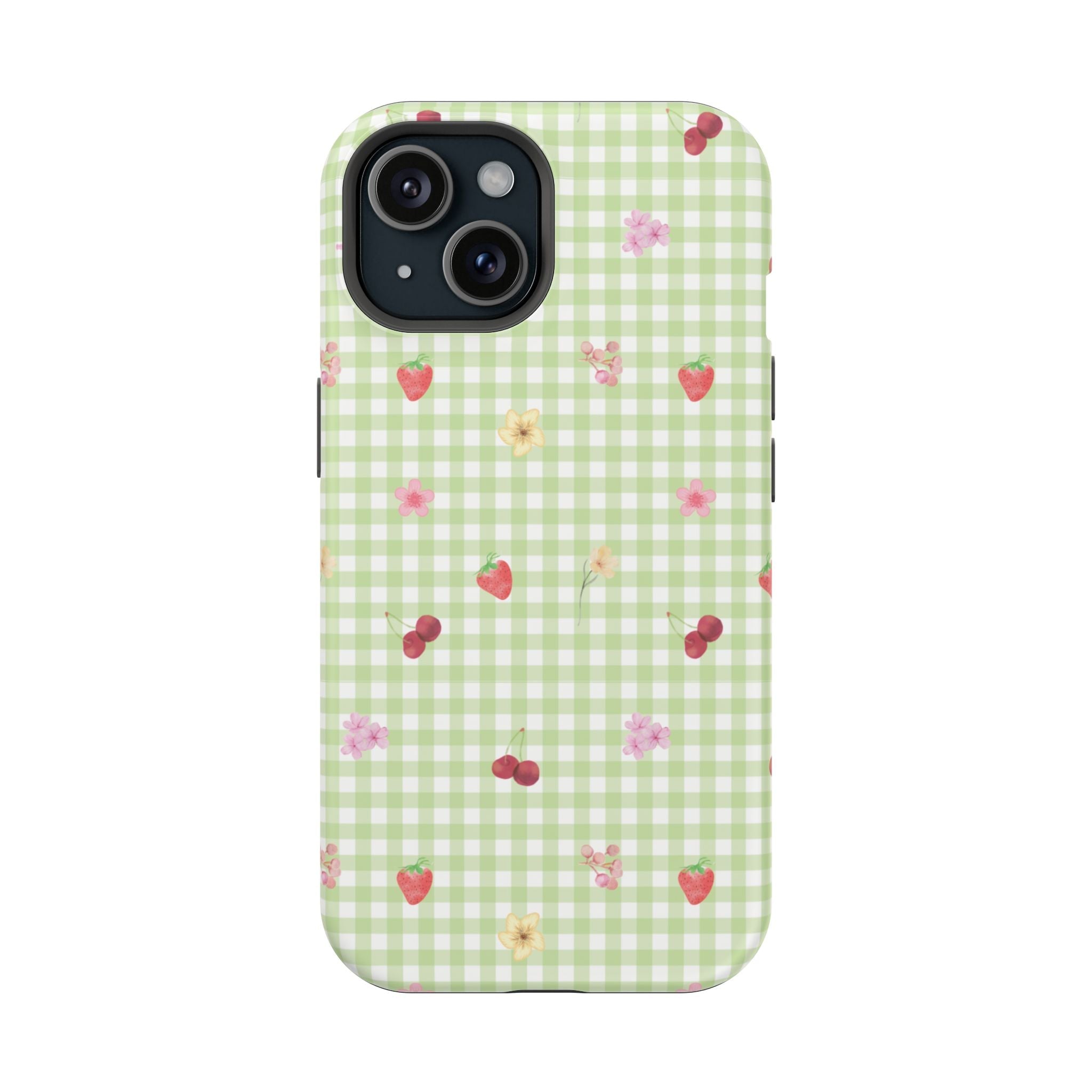 Green gingham phone case with pink flowers and strawberries, slim cover