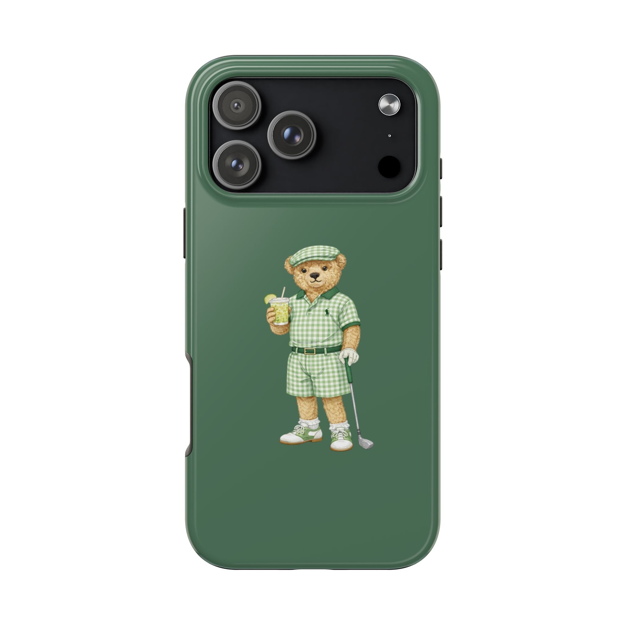 Green phone case with teddy bear in plaid outfit holding a drink, cartoon design