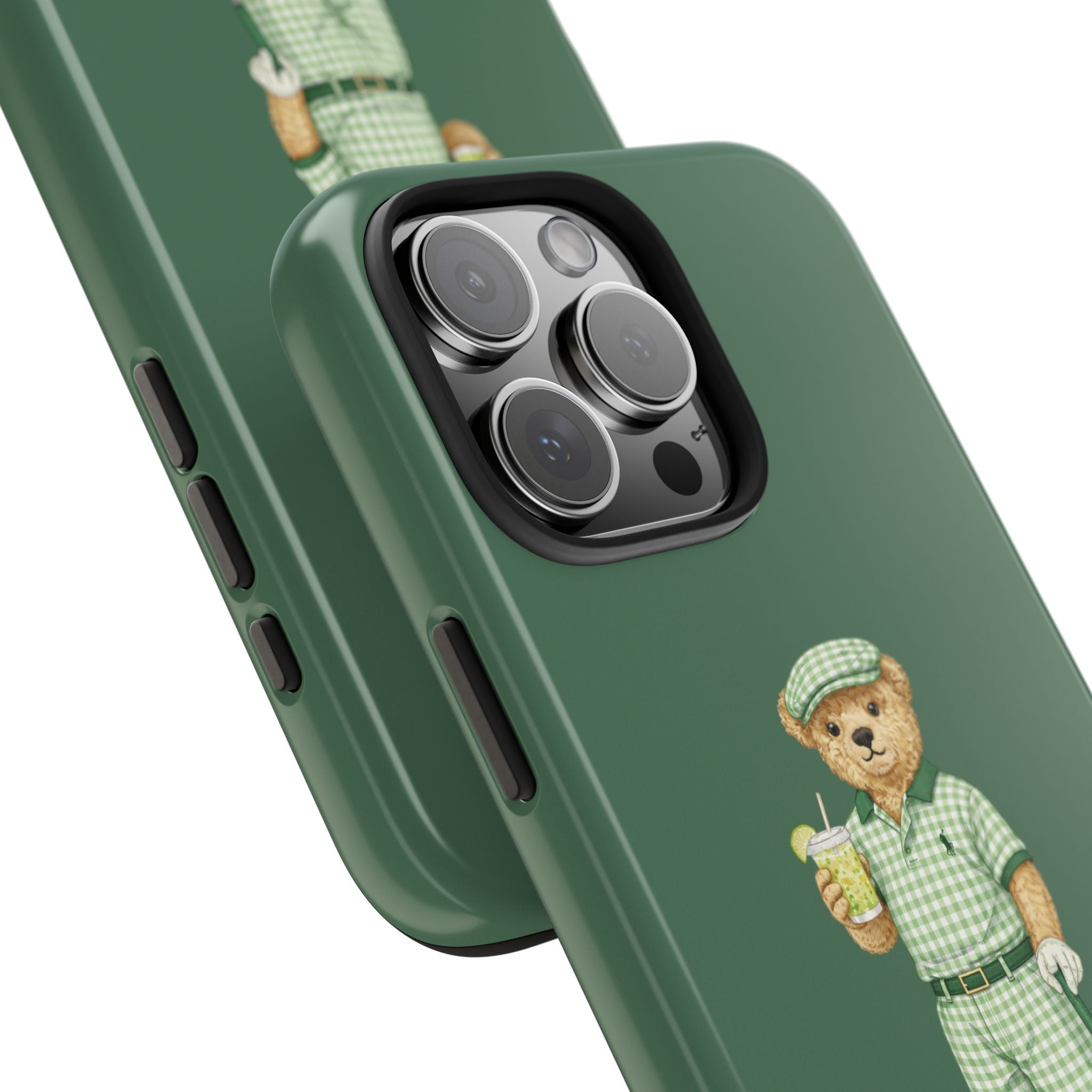 Green phone case angled view with teddy bear graphic and camera lens cutout