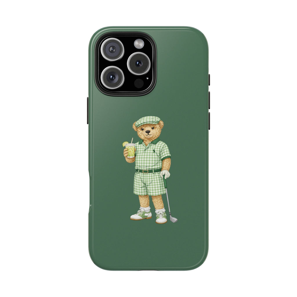 Green phone case featuring a teddy bear in plaid shorts and shirt holding a drink