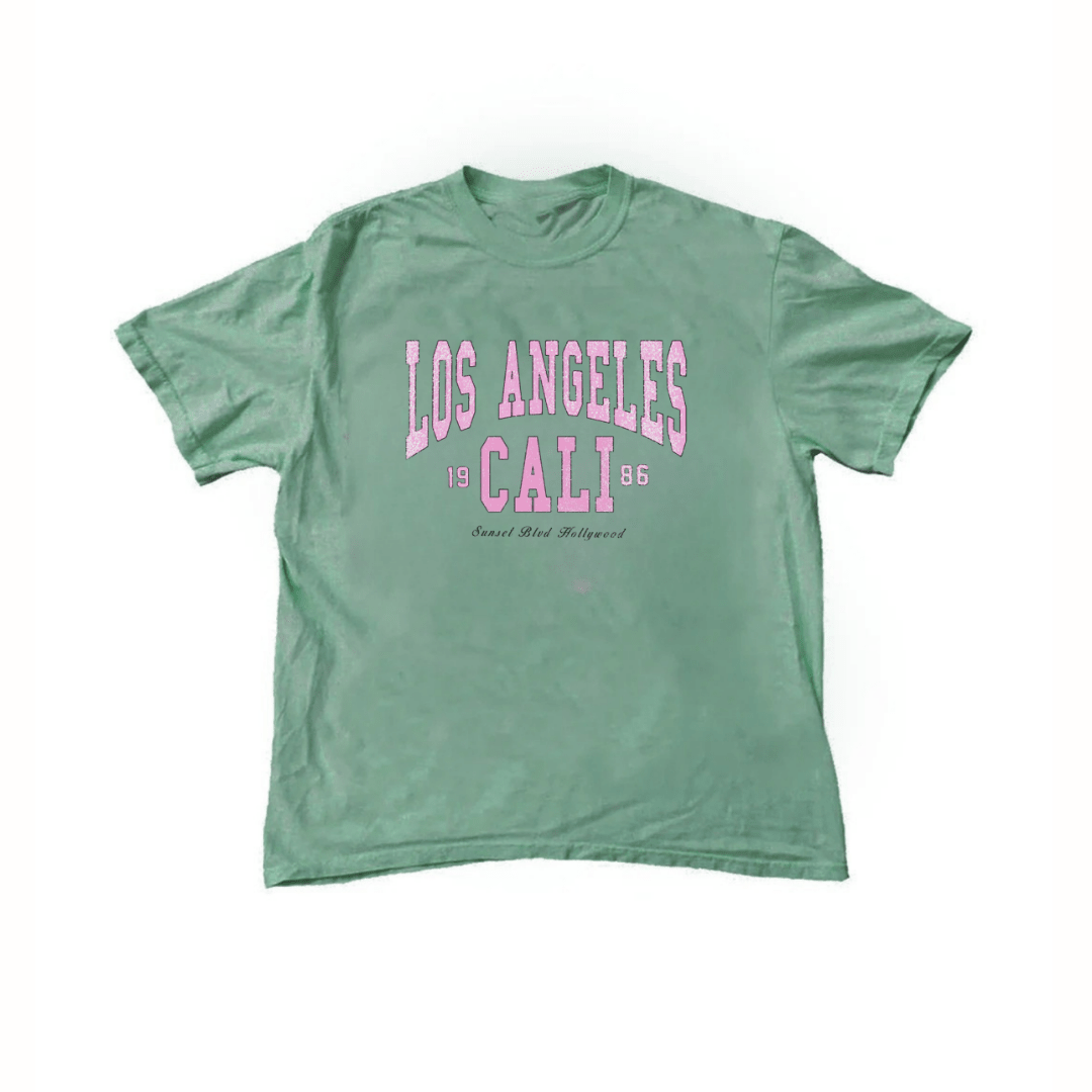 Green Los Angeles graphic T-shirt with pink lettering front, crew neck short sleeves