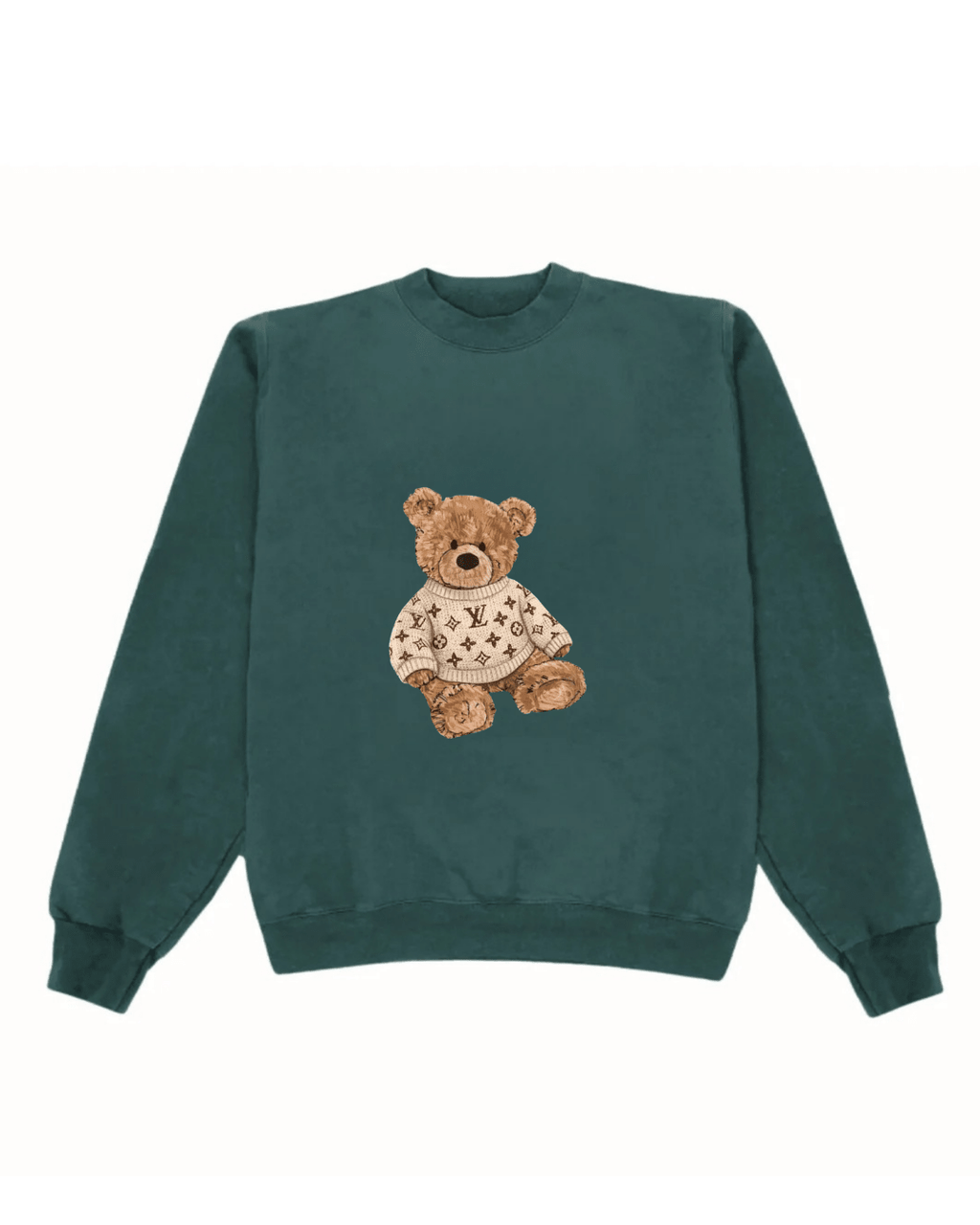 Dark green teddy bear crewneck sweatshirt with centered front graphic, pullover