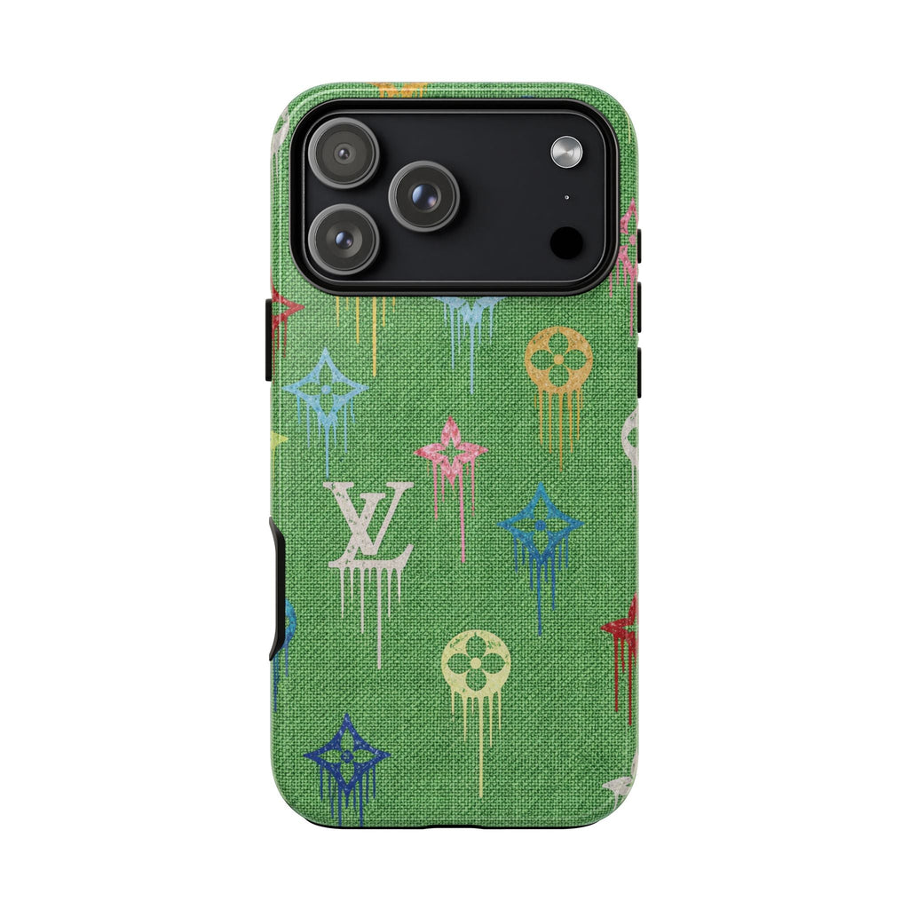 Green LV watercolor phone case with multicolor monogram stars and camera cutouts