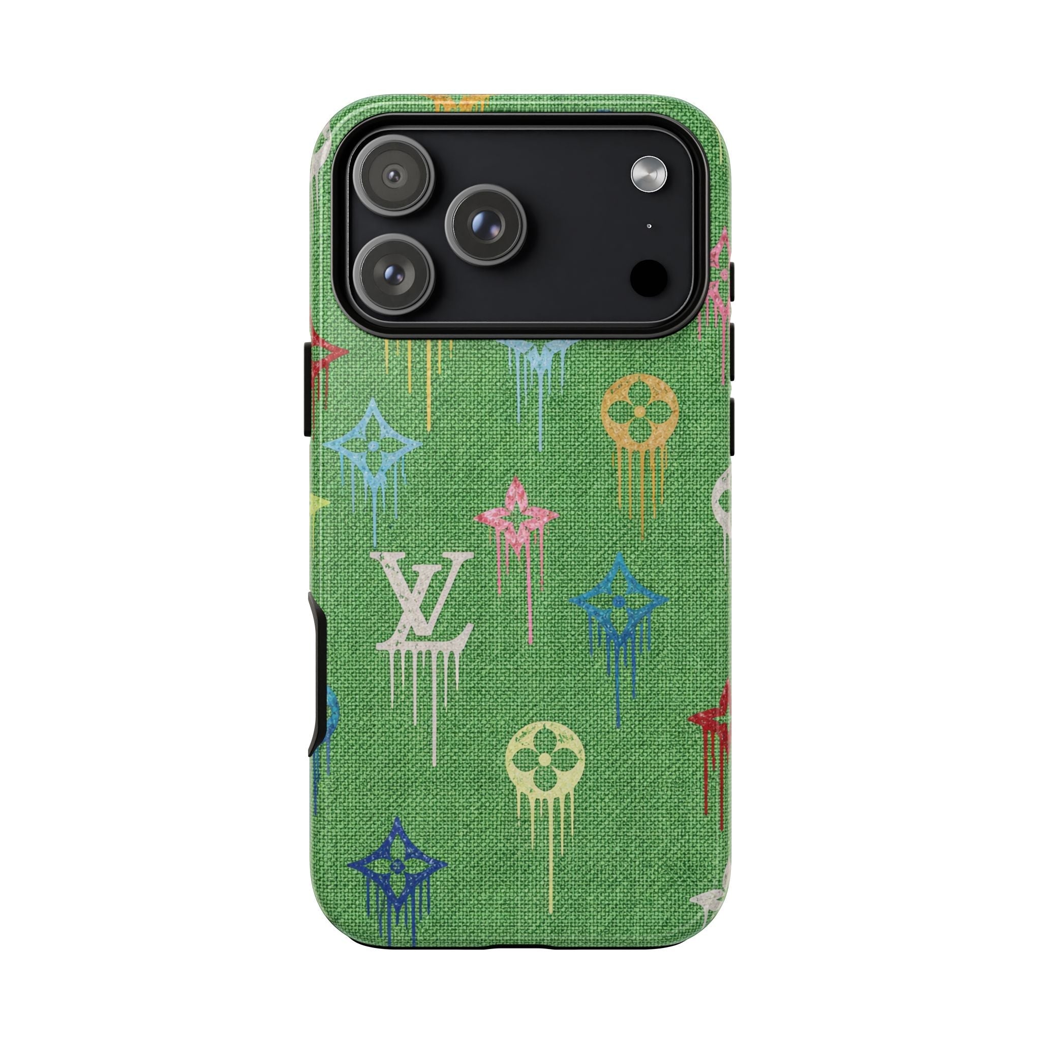 Green watercolor phone case with LV-inspired symbols and multicolor drip pattern