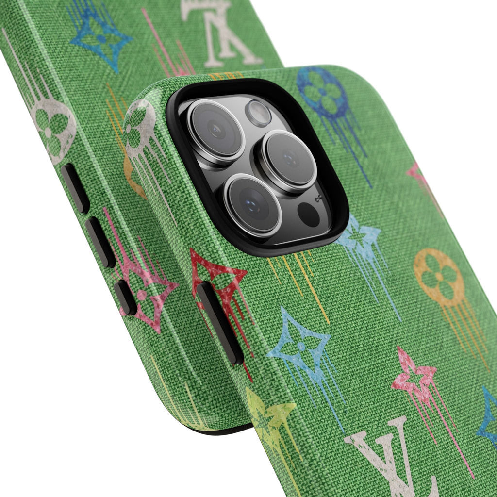Green LV watercolor phone case with multicolor monogram stars, raised camera ring
