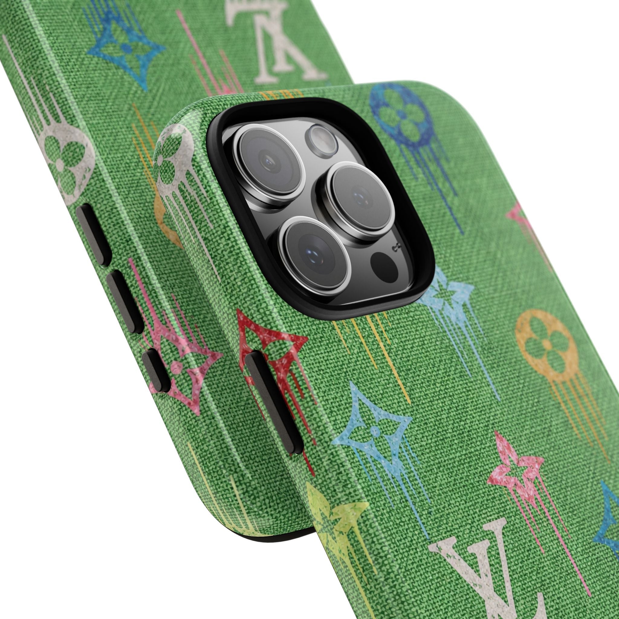 Green watercolor LV-inspired phone case, angled view showing camera cutouts