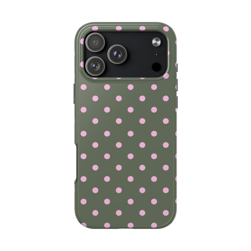 Olive green phone case with pink polka dots and petal pop pattern, camera cutouts