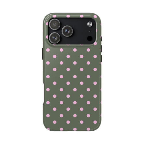 Olive green phone case with pink polka dots and petal pop pattern, camera cutouts
