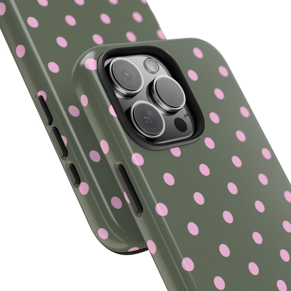 Olive green petal pop phone case with pink polka dots, raised camera protection