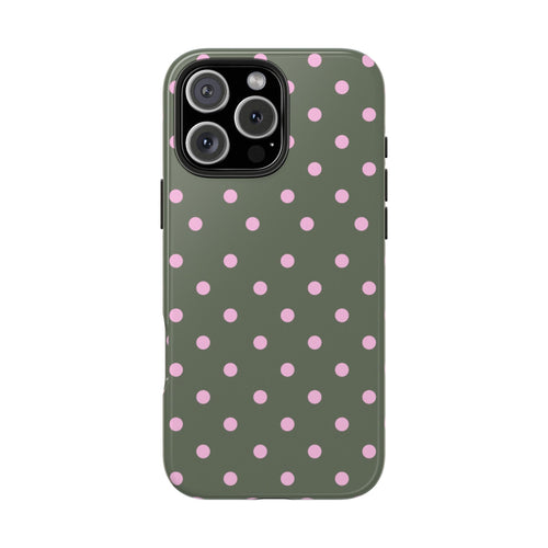 Olive green phone case with pink polka dots, full back cover with camera lens openings
