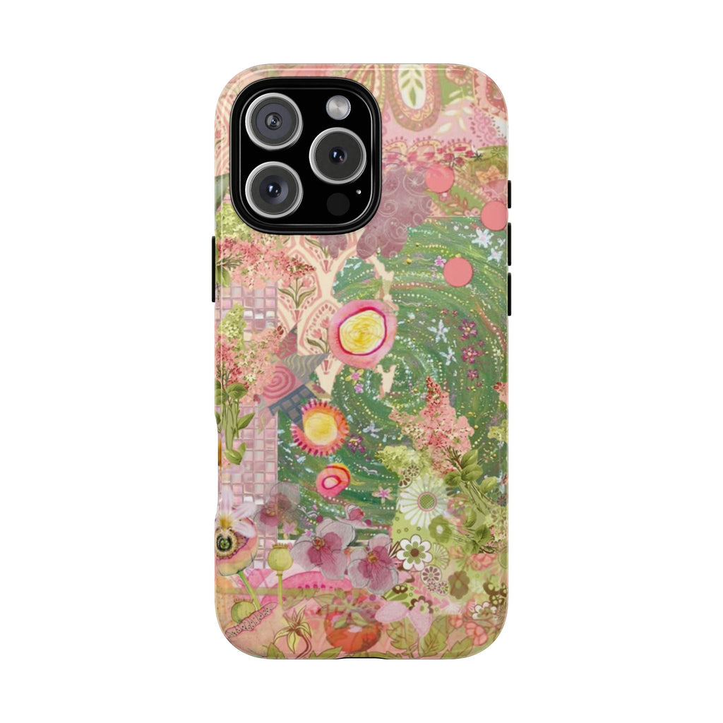 Green and pink mosaic whimsical phone case with floral bird and fruit pattern
