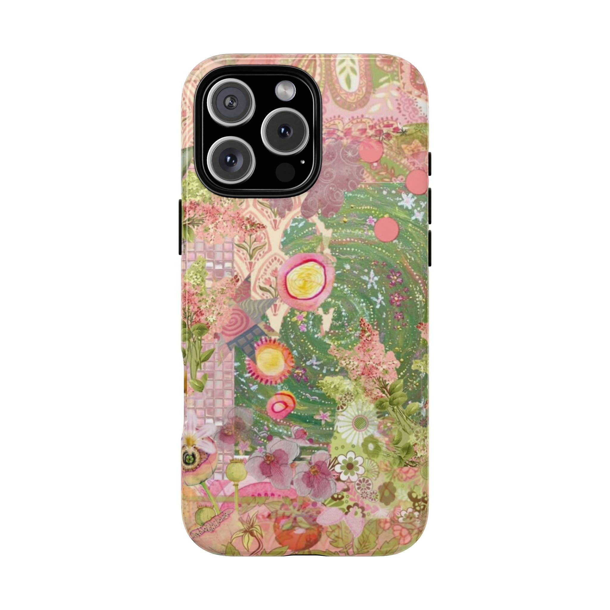 Green and pink mosaic whimsical phone case with floral bird and fruit pattern
