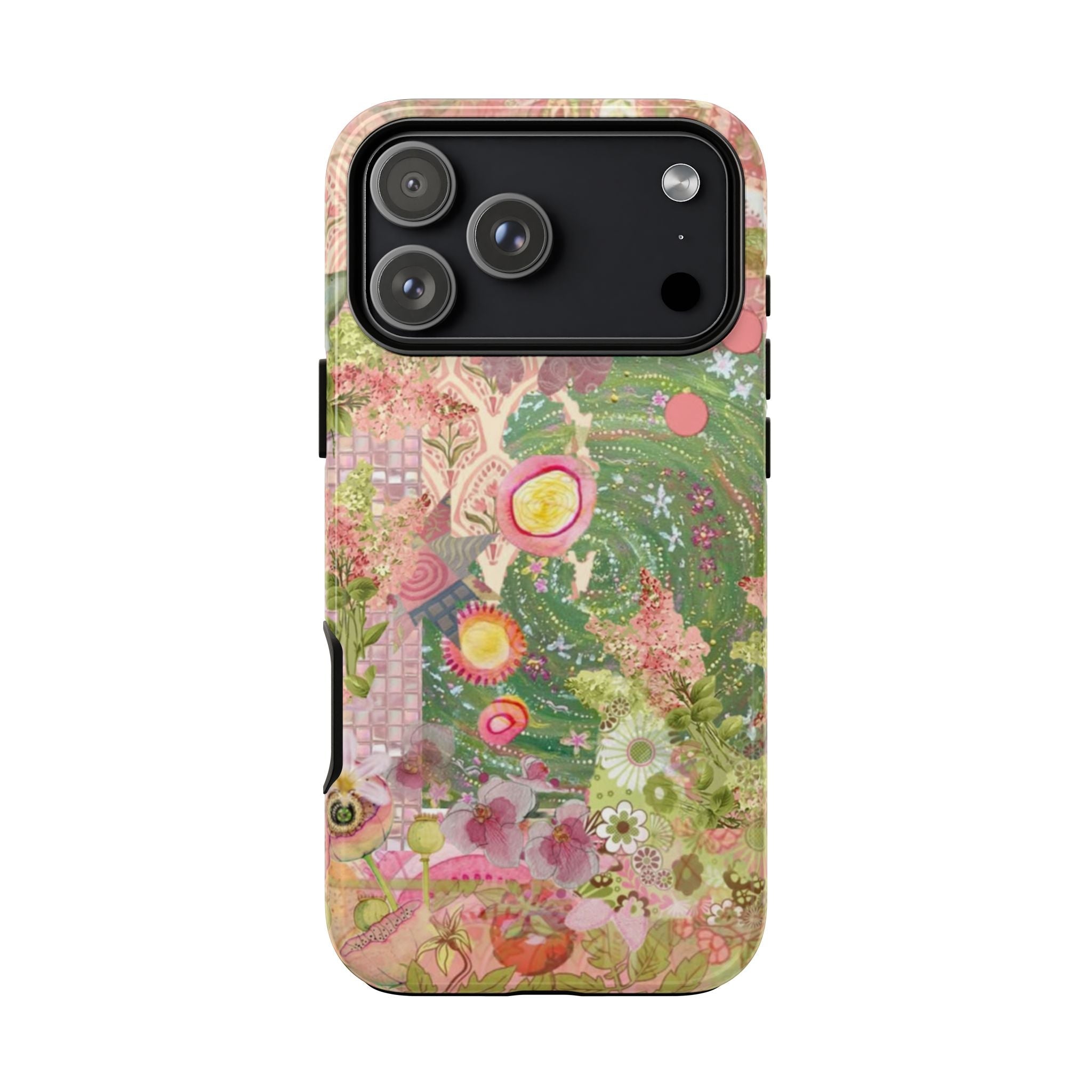 Green-pink mosaic phone case with garden birds and flowers, raised camera cutouts