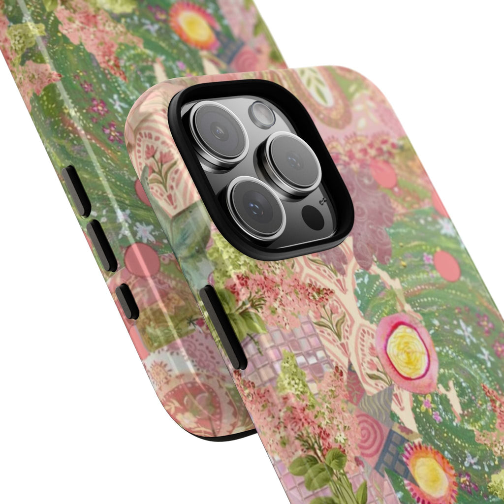 Phone case angled view with green-pink mosaic scene and large fruit motifs