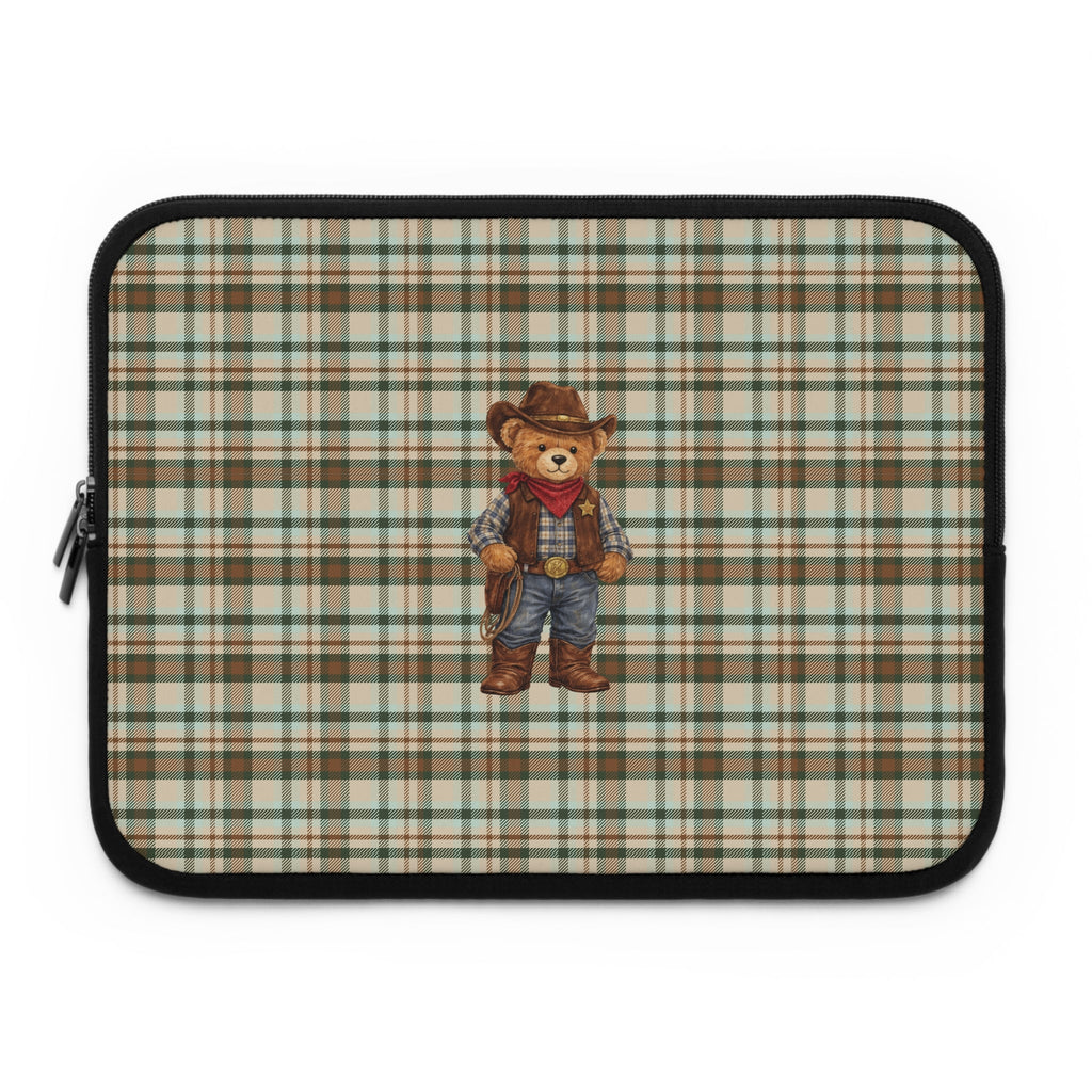 Plaid neoprene sleeve with centered cowboy teddy bear graphic, zip closure