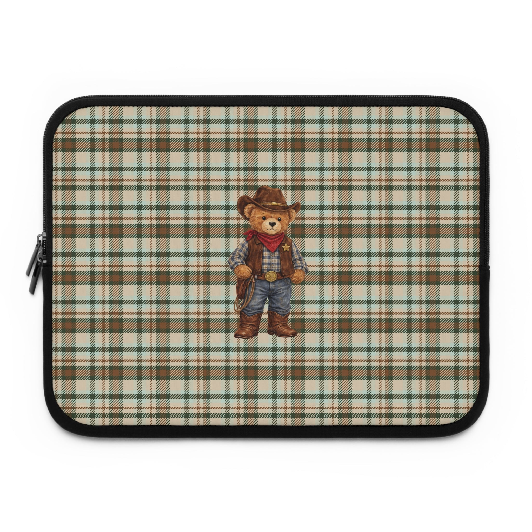 Plaid neoprene sleeve with centered cowboy teddy bear graphic, zip closure