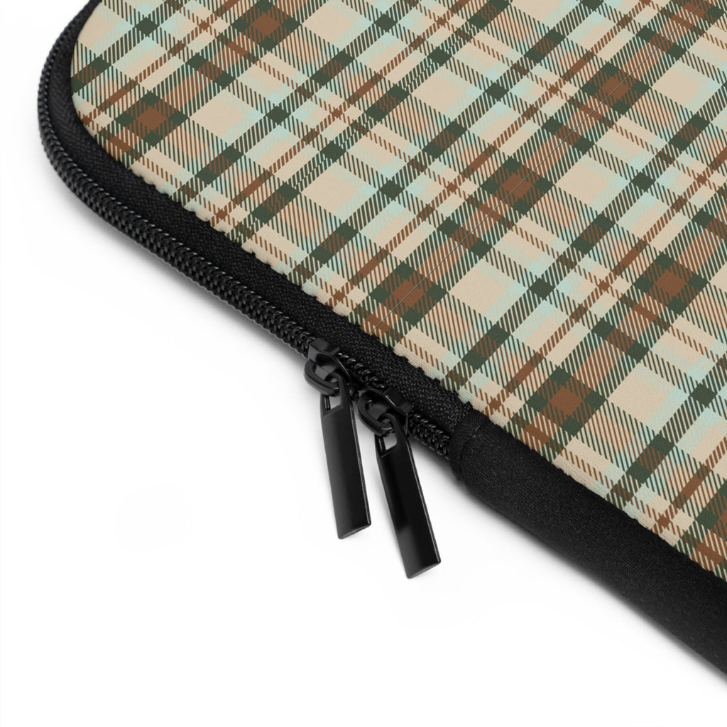 Plaid neoprene laptop sleeve corner with black zipper and pull tabs