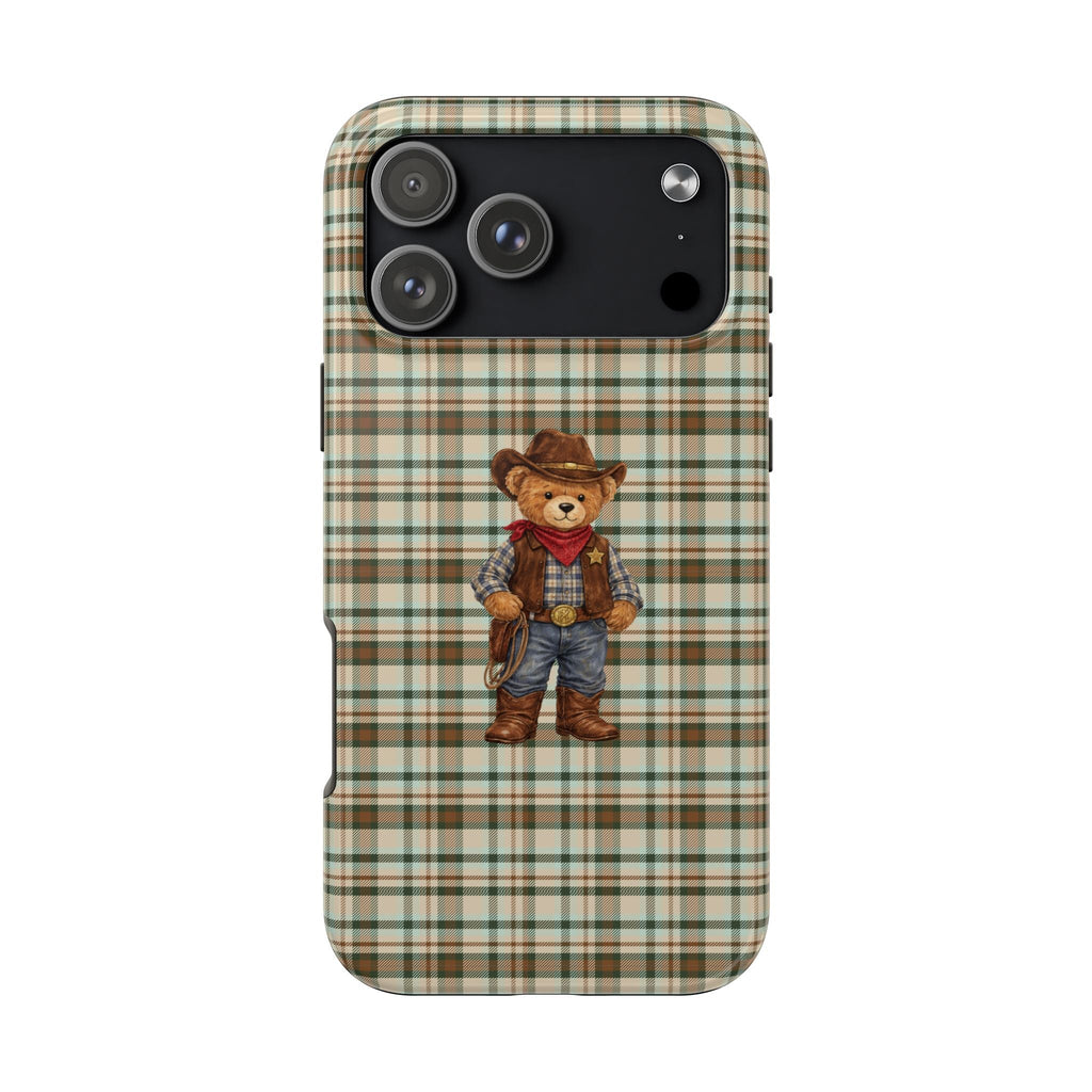 Green plaid phone case with cowboy teddy bear graphic and cutouts for camera and flash