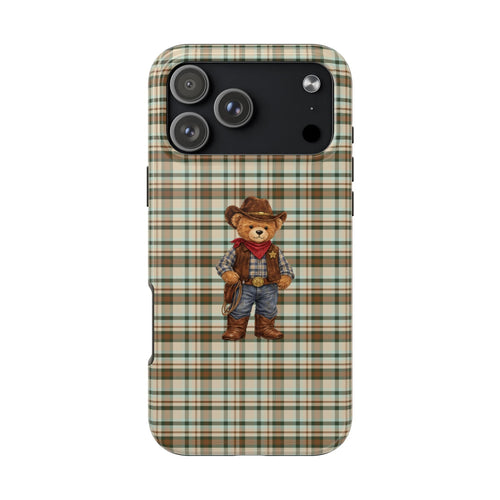 Green plaid phone case with cowboy teddy bear graphic and cutouts for camera and flash