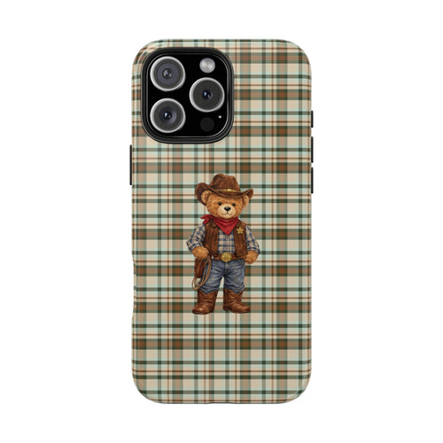 Green plaid cowboy teddy bear phone case with front camera cutout and rounded edge