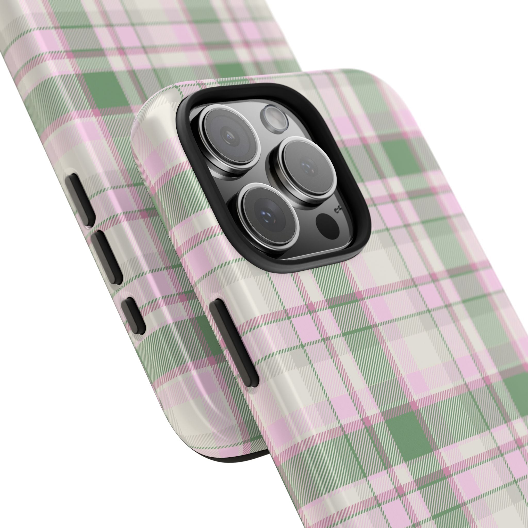 Green plaid flannel phone case corner view with magenta/white check pattern and camera lens cutout