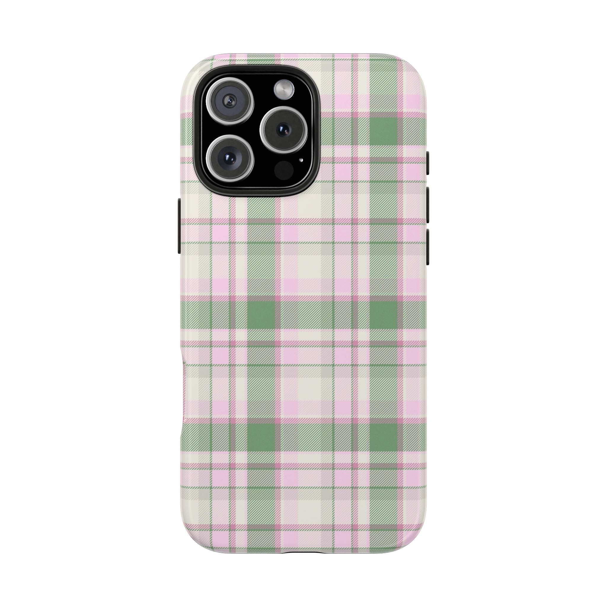 Green plaid flannel phone case with magenta and white grid pattern, camera cutouts