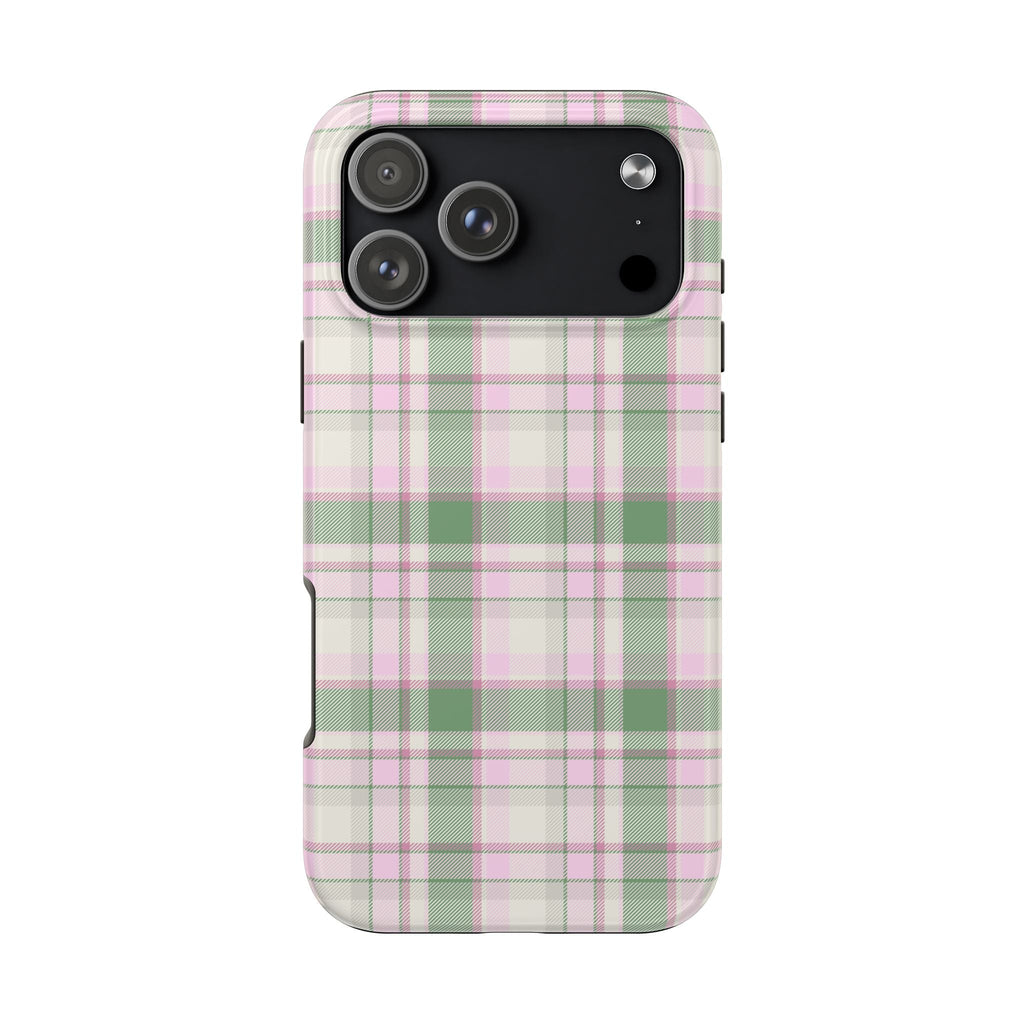 Back view green plaid flannel phone case with magenta and white plaid, raised camera rings