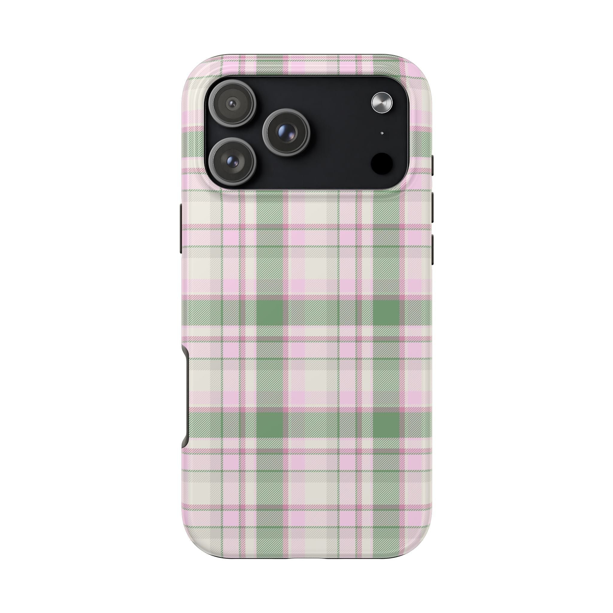 Back view green plaid flannel phone case with magenta and white plaid, raised camera rings