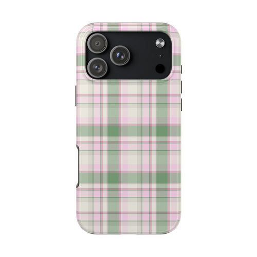 Back view green plaid flannel phone case with magenta and white plaid, raised camera rings