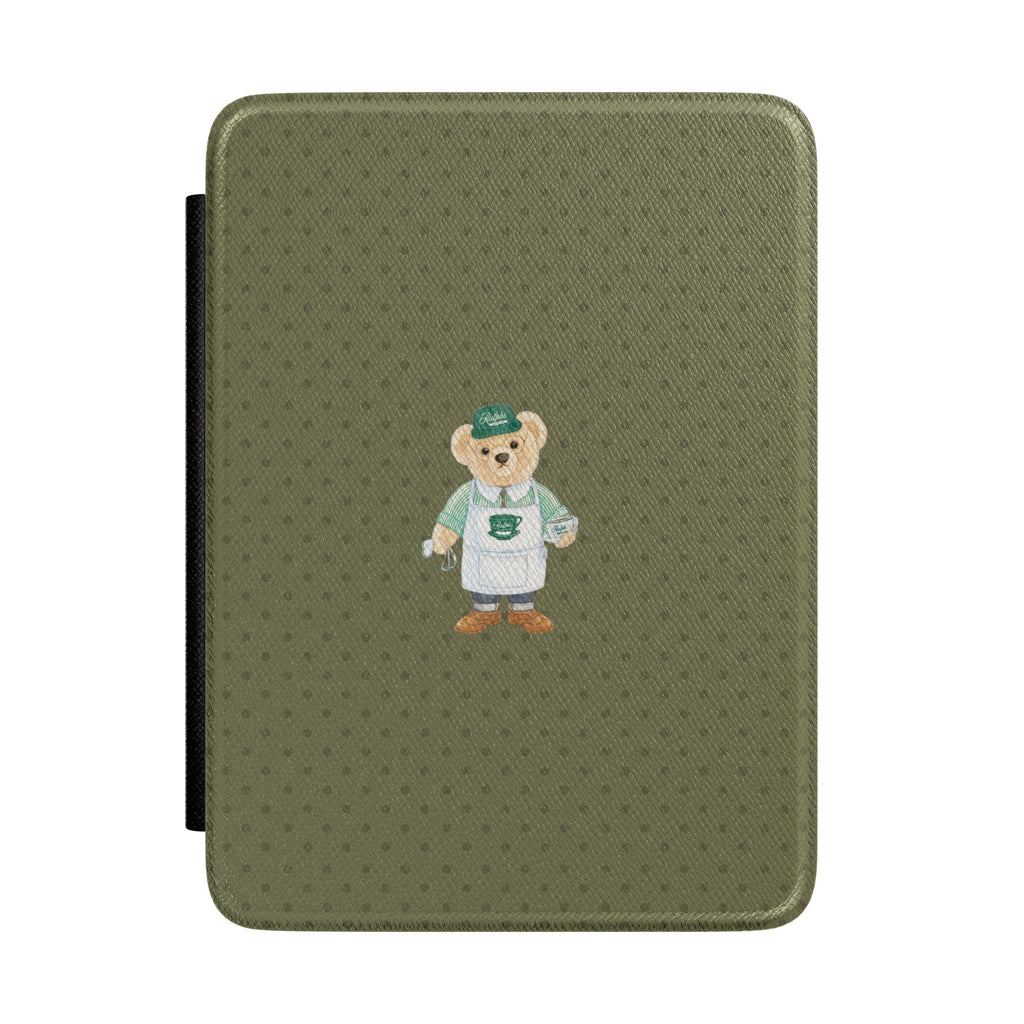 Green polka dot Kindle hardcover case with teddy bear coffee embroidery