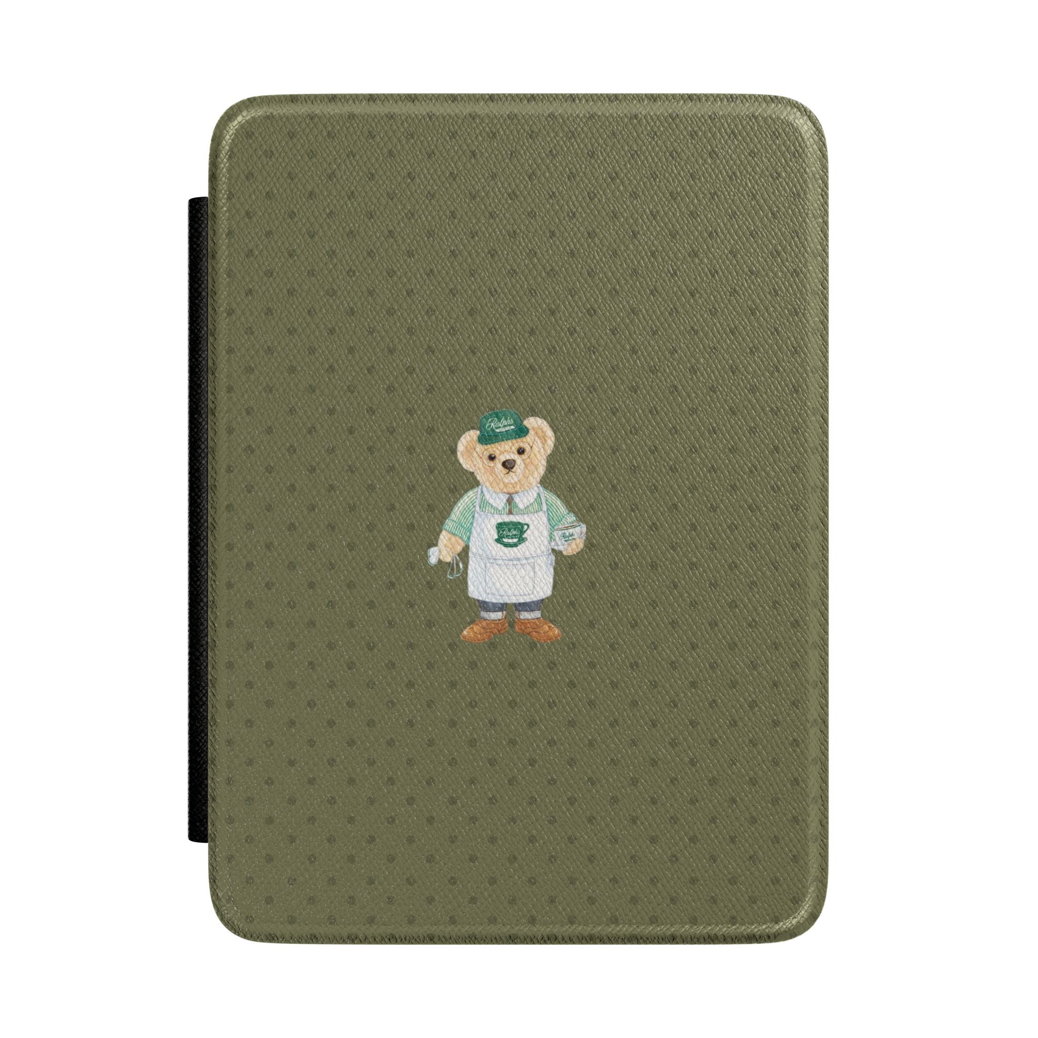 Green polka dot Kindle hardcover case with teddy bear coffee embroidery