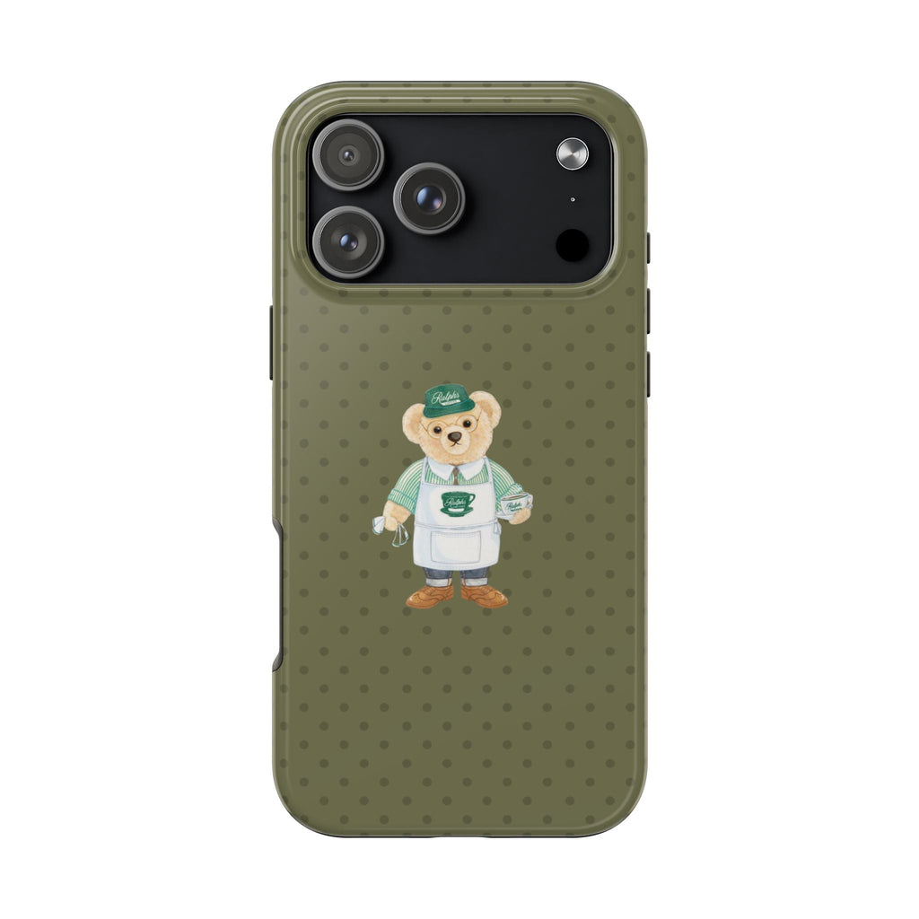 Olive green phone case with dot pattern and teddy bear chef graphic
