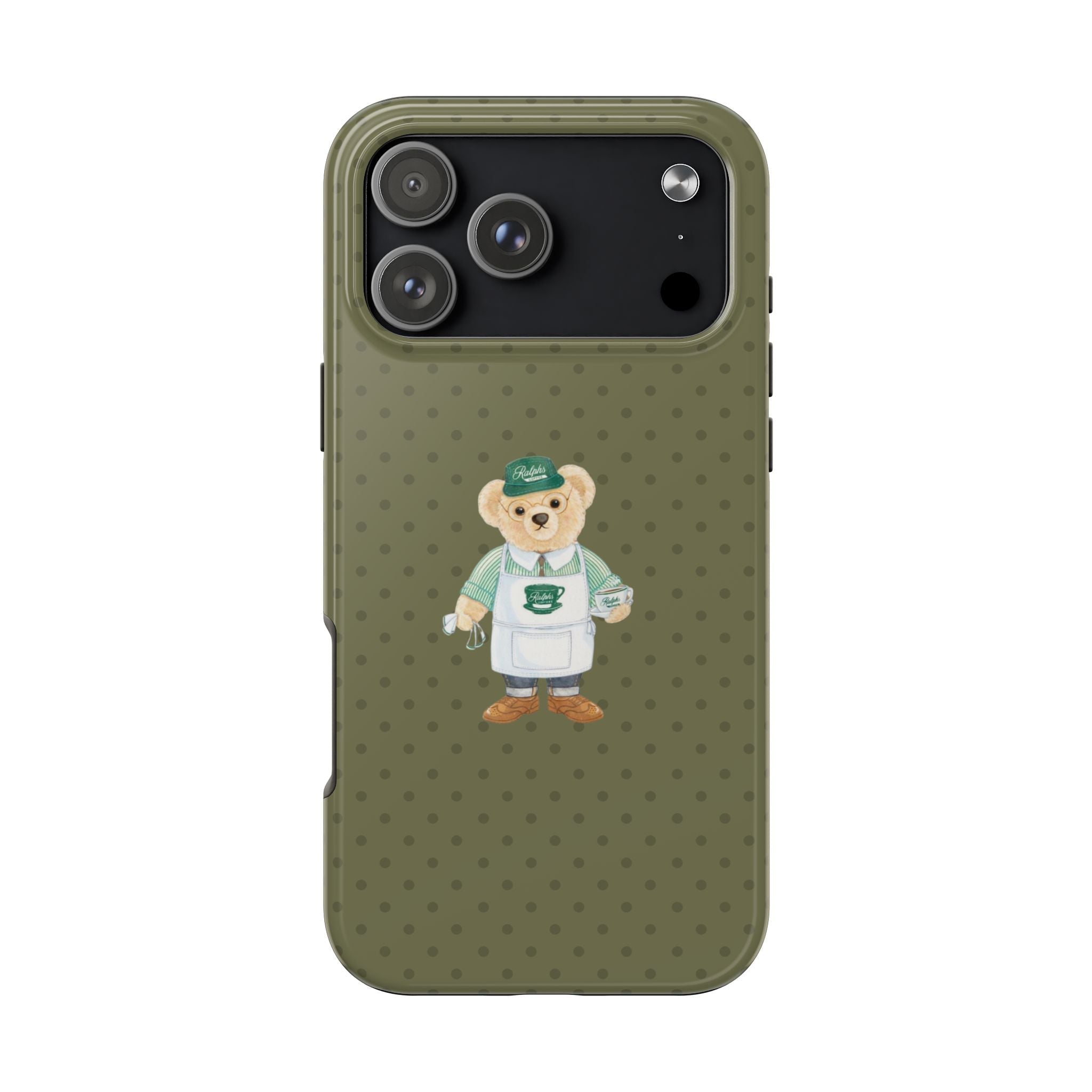 Olive green phone case with dot pattern and teddy bear chef graphic