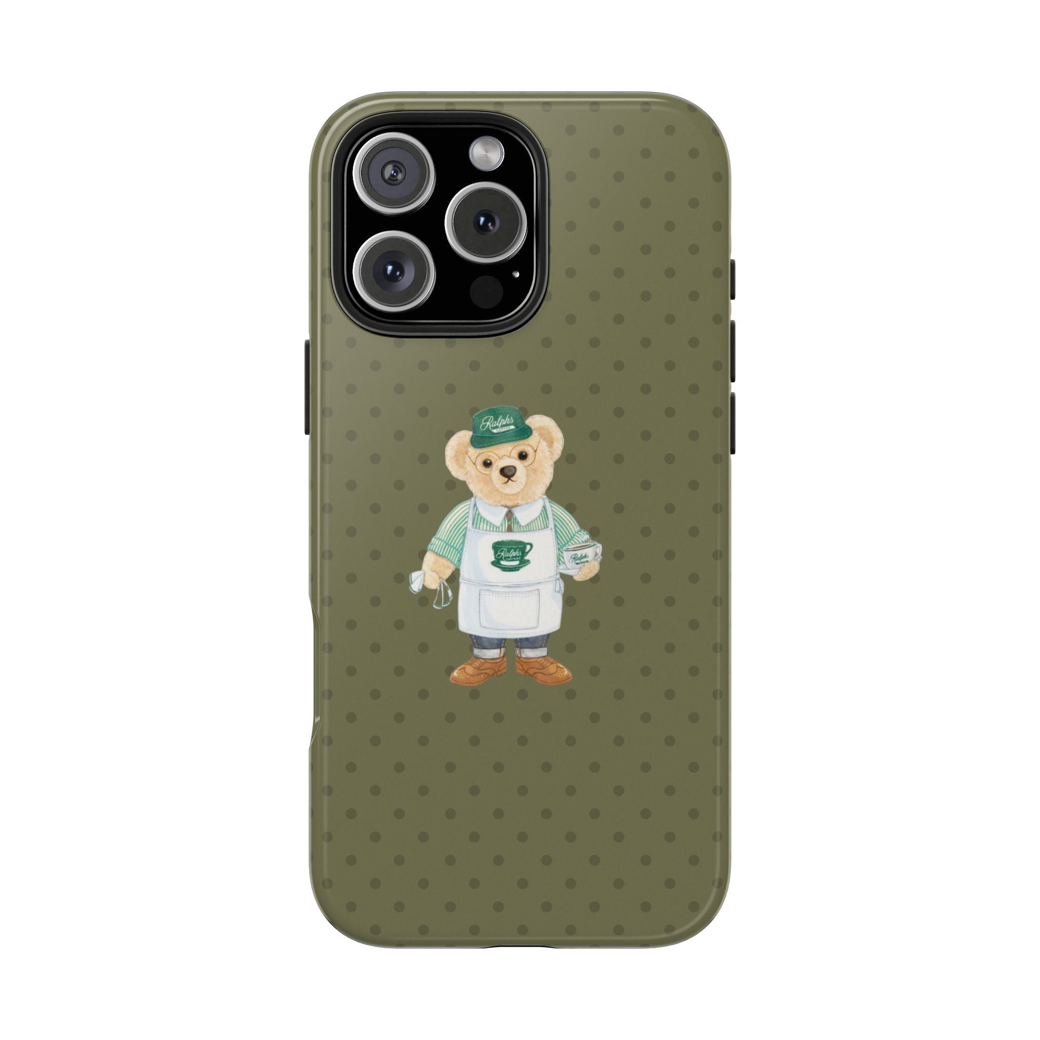 Olive green dot phone case with teddy bear chef character in white apron